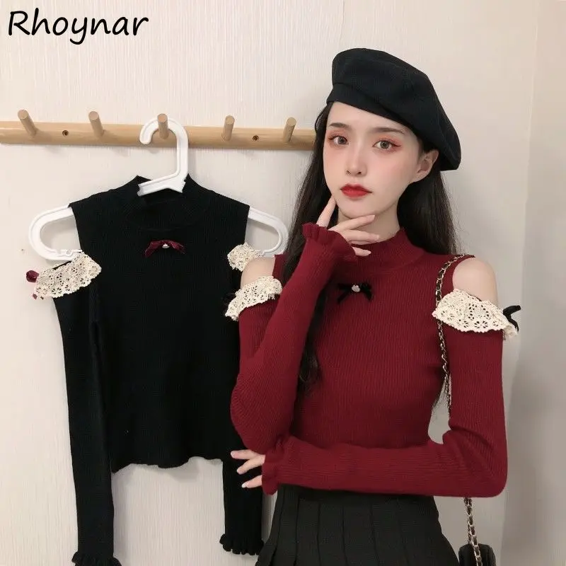 

Sweaters Women Lace Sweet Japanese Style Cute Knitting Sexy Slim All-match Dating Popular Hollow Out Pullovers Long Sleeve Lady