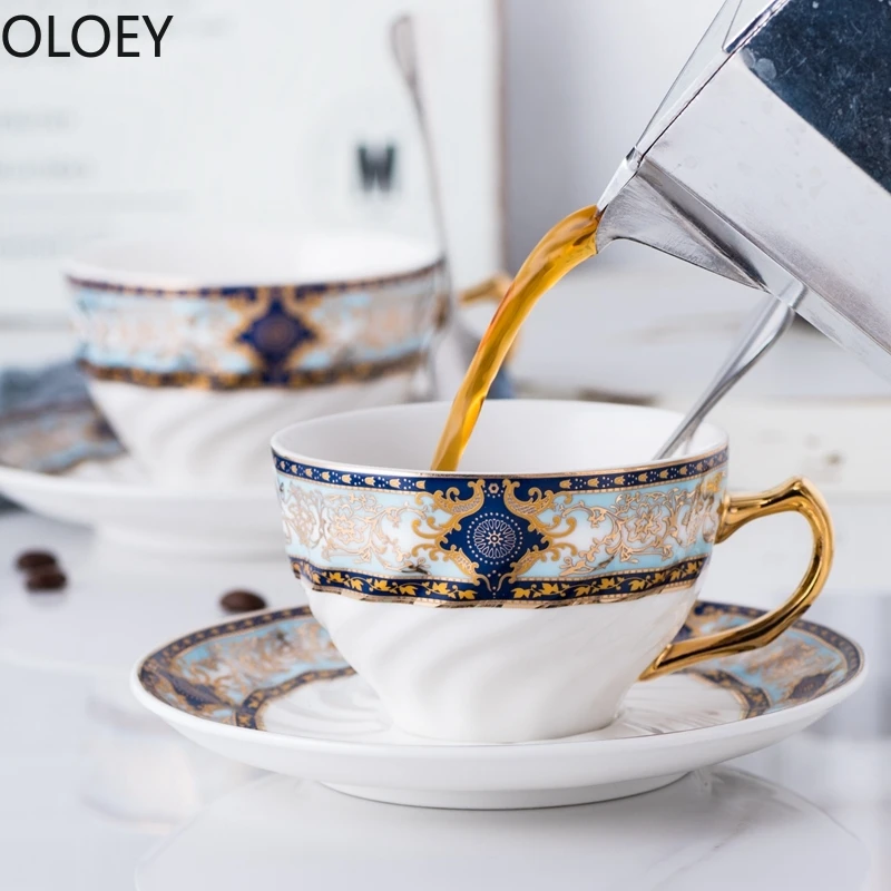 Japanese European Bone China Coffee Cup and Saucer Set Royal Luxury Handmade Porcelain Tazas Para Cafe Coffee Mugs Gold Handle