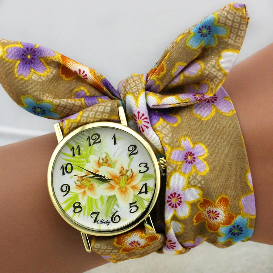 Shsby Design Ladies Flower Cloth Wrist Watch Gold Fashion Women Dress Watches High Quality Fabric Clock Sweet Girls Watch