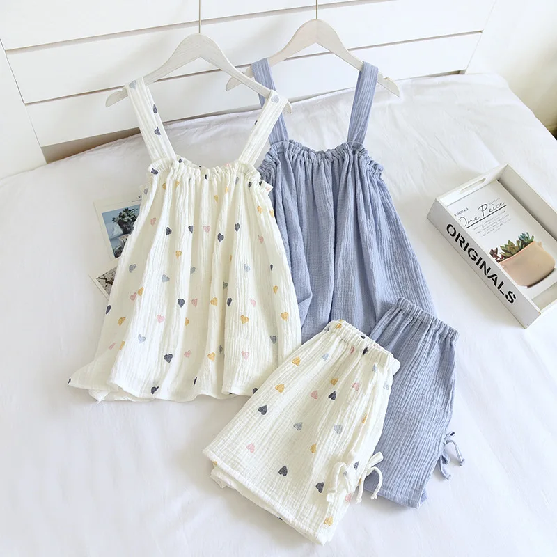 2024 Summer New Style Ladies Pajamas Two-piece 100%Cotton Crepe Suspender Shorts Vest Suit Sweet And Loose Home Service Sexy Pjs