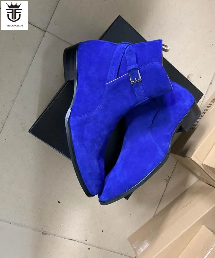 FR.LANCELOT 2020 New Chelsea boot royal blue suede boots point toe buckle ankle boots sliver buckle mujer botas party shoes men