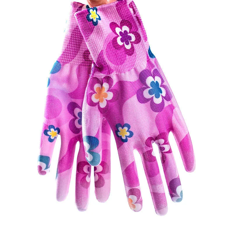 Women Gloves Non-Slip Housework Cleaning Breathable Gardening Flower Printed  PU  Palm Coated Household Full Finger