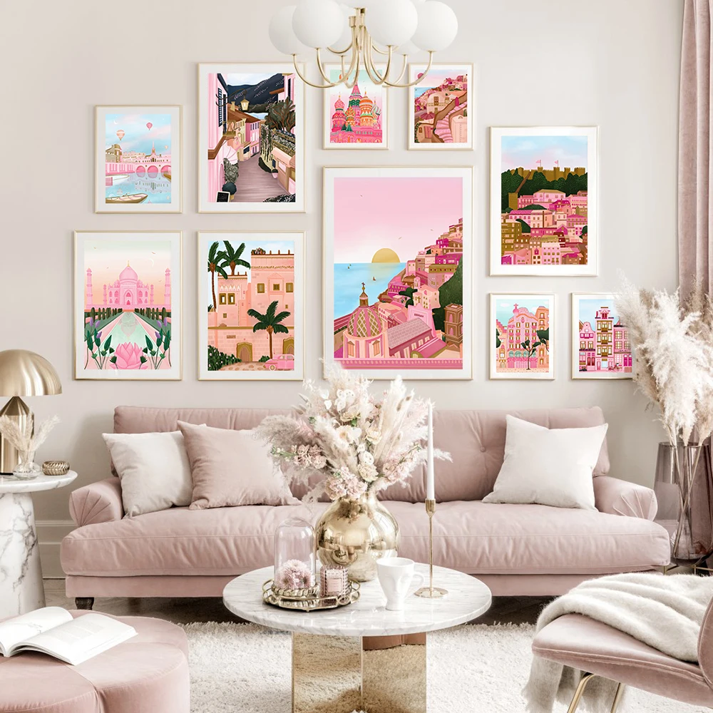 Moroccan Print Travel Cities Poster Santorini Positano Lisbon Pink Italy Landscape Art Canvas Painting Wall Pictures Home Decor