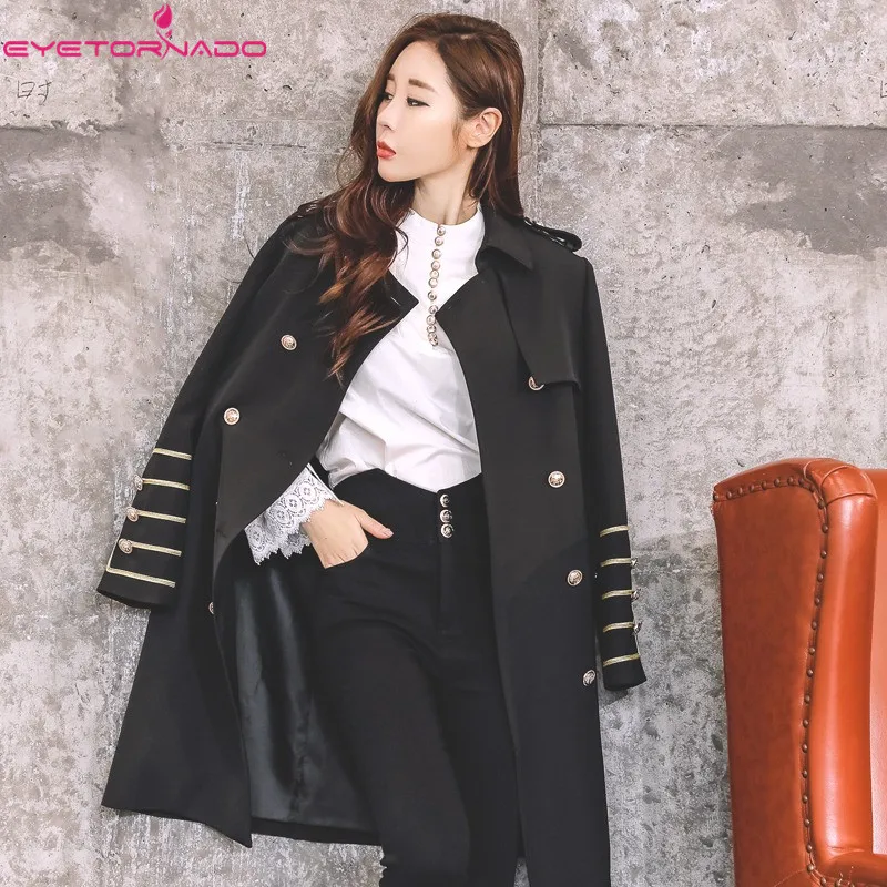 Women's Double Breasted Long Military Trench Coat British Style Slim Elegant Work Business Overcoat Autumn Winter