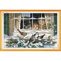 Inverno finestra scenario punto Croce kit 14CT 11CT della tela di canapa di stampa FAI DA TE gatto e il modello di uccello ricamo ricamo set casa decorazione