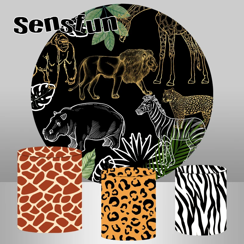 Boys Safari Jungle Round Backdrop Covers Black Wild Animals Kids Birthday Party Background Cylinder Covers Customized