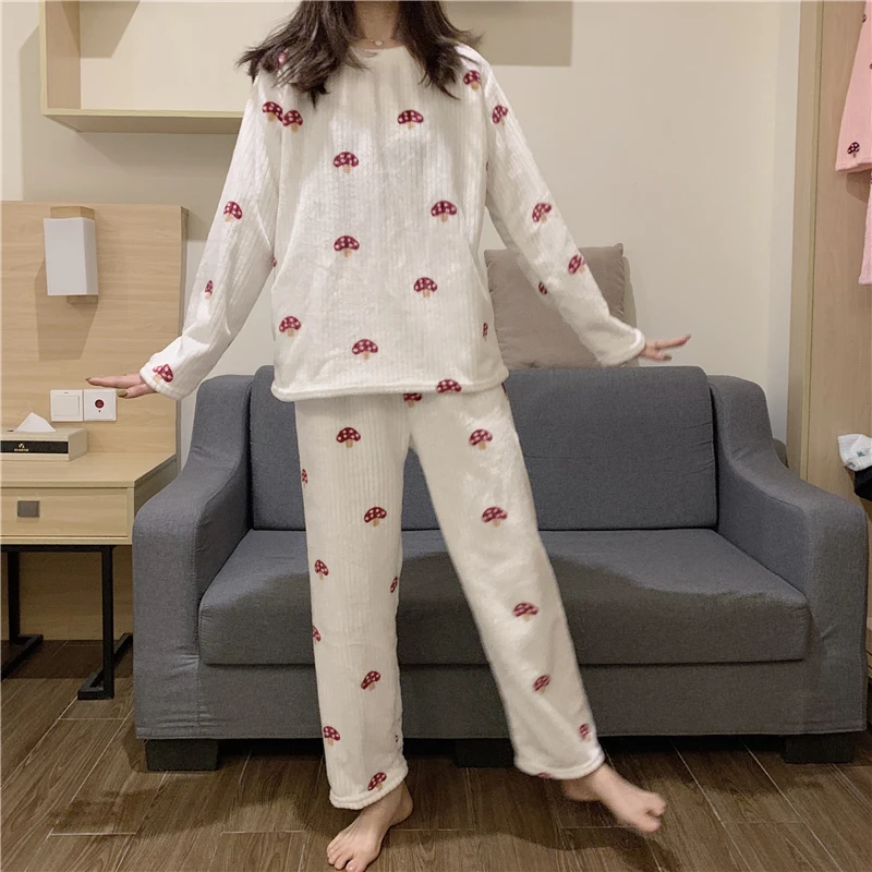 Women Pajama Sets Mushroom Print Long Sleeve Fashion Casual Loose Sweet Kawaii Korean Style Coral Fleece Soft Thicken Womens