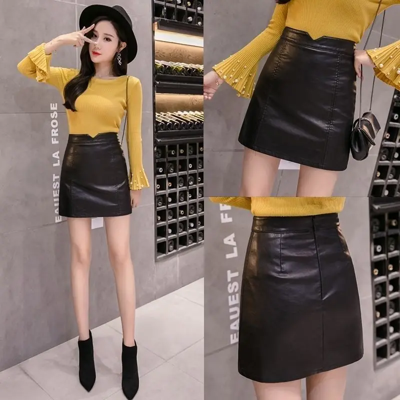 

Leather Skirt Women's Autumn and Winter Short Skirt a-Line Skort Skirt High Waist Woman Skirts Faldas Jupe