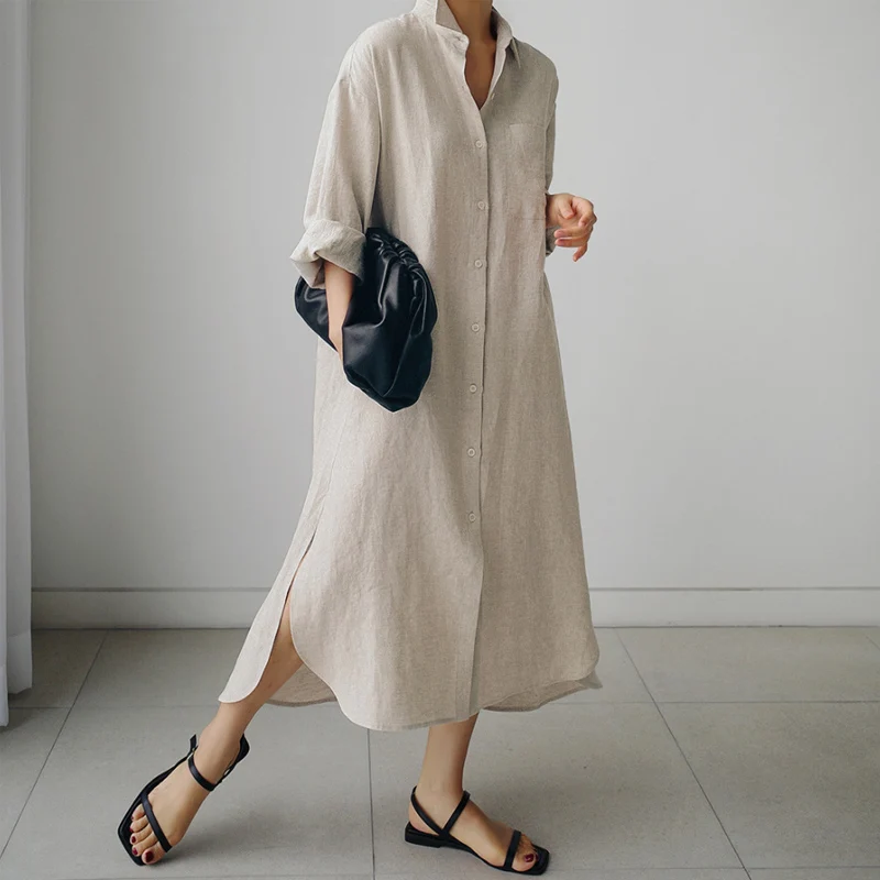 Johnature New Korean Turn-down Collar Women Dress 2024 Autumn Loose Casual Single-breasted Slits Female Dresses