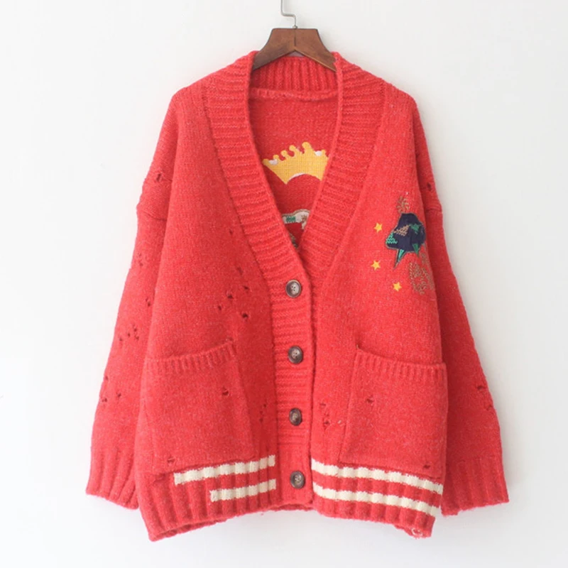 Elegant knitwear Women Cardigan Sweater spring autumn Knit Cardigan Cartoon Embroidery Oversize Sweater Coat outwear