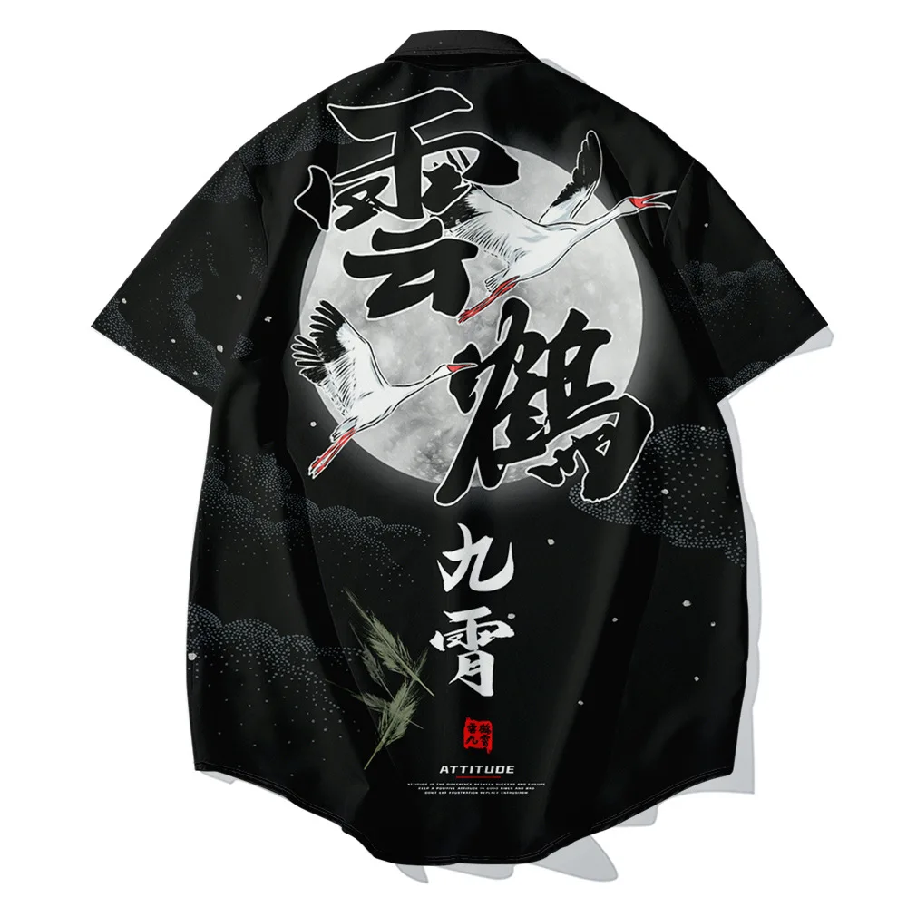 Japanese Crane Print Short Sleeve Shirt Harajuku Streetwear Casual Men Oversized Fashion Hawaiian Summer Hip Hop Black Shirt