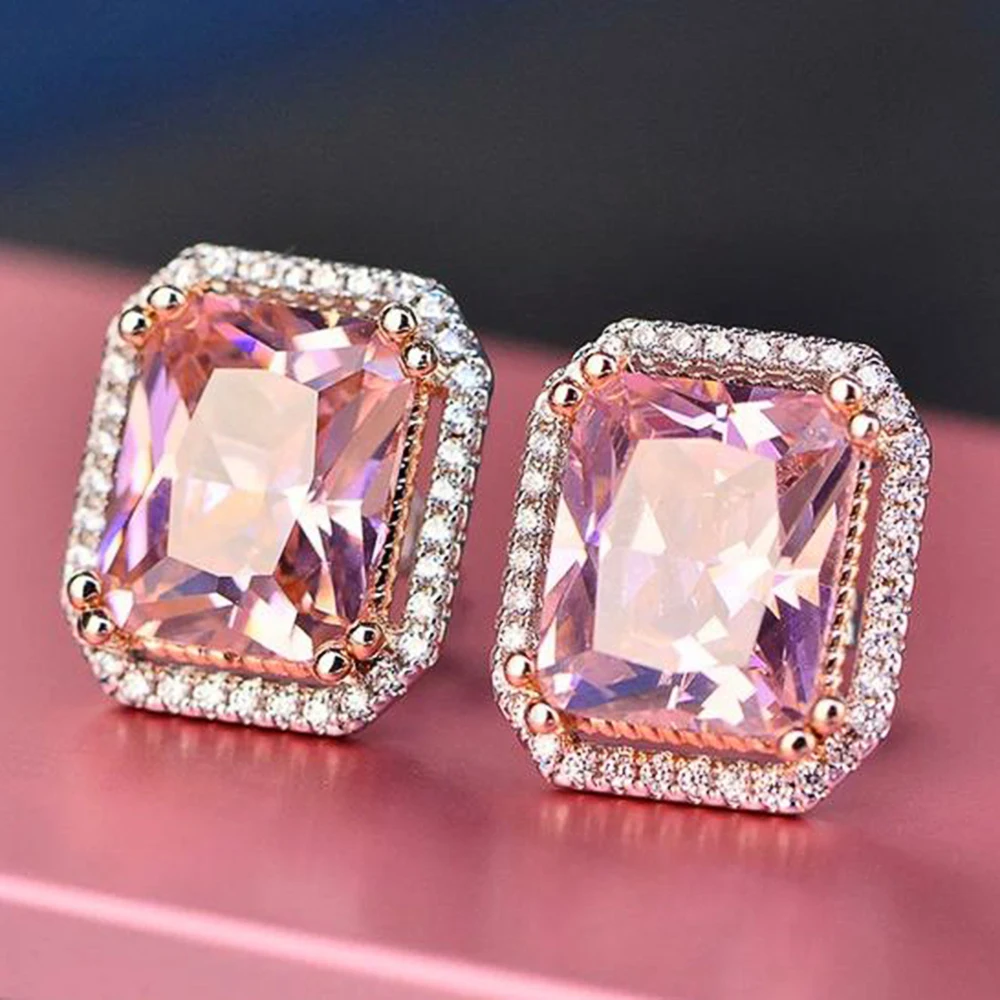 Huitan Pink Cubic Zirconia Stud Earrings for Women Geometric Shaped Simple Stylish Female Accessories Dance Party Trendy Jewelry