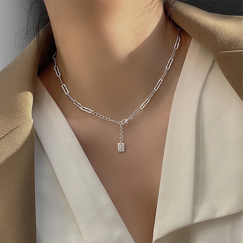 

Sparkling Square Geometric Sterling Silver Necklace Female Clavicle Chain Collar Sweater Chain Naked Chain Party Jewelry Gift