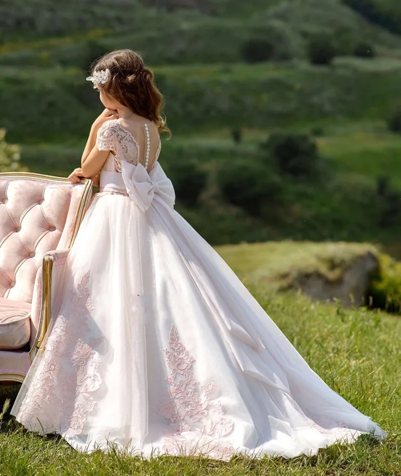 Robes de Communion à manches courtes pour enfants, avec Appliques en dentelle rose mignonnes, robes de concours, robes de filles à fleurs