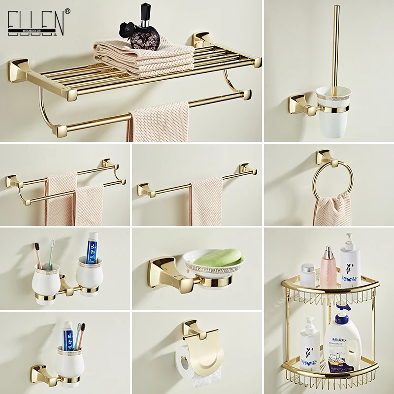 Gold Luxury Bathroom Towel Shelf Bath Toilet Paper Holder Robe Hook Towel Rack Holder Tumble Holder Soap Basket ELG8530