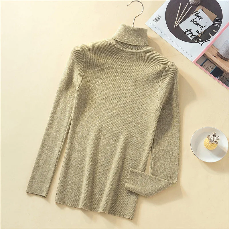 Long Sleeve Women Warm Sweater Shiny Turtleneck Pullovers Sweaters Fashion Slim Knitted Tops Female Jumper 2024 Autumn Winter