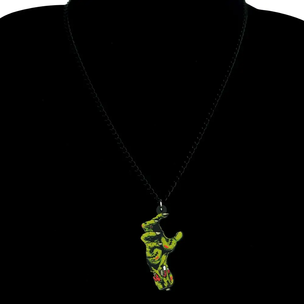 Bonsny Acrylic Halloween Horror Anime Green Zombie Hand Necklace Choker Pendant Chain Jewelry For Women Ladies Teens Charms Gift