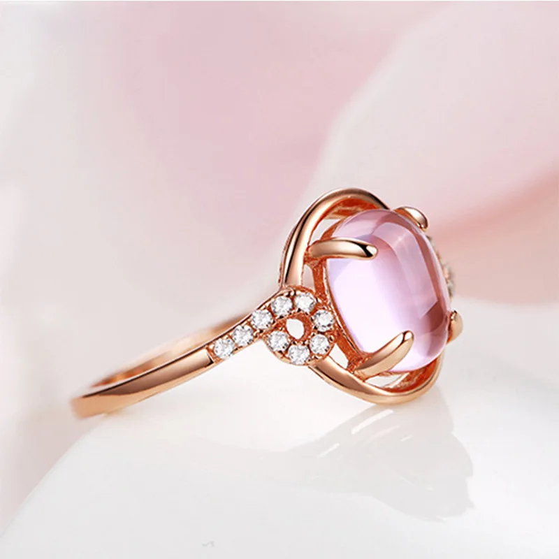 Trendy Ring Silver 925 Jewelry with Oval Rose Quartz Zircon Gemstone Rose Gold Color Finger Rings for Women Wedding Party Gifts