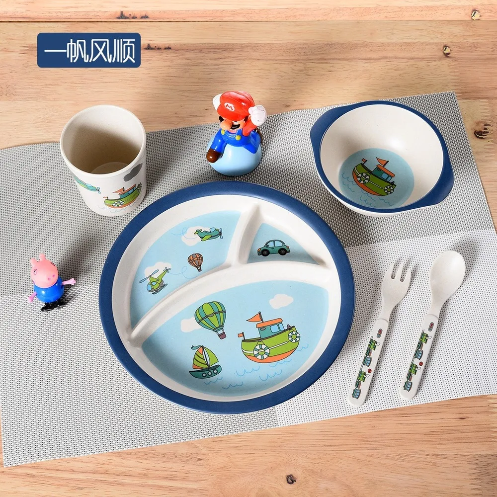 5 Pcs Round Cute Cartoon Pattern Bamboo Fiber Children Baby Kids Solid Food Feeding Tableware Set Plate Cup Bowl Fork Spoon