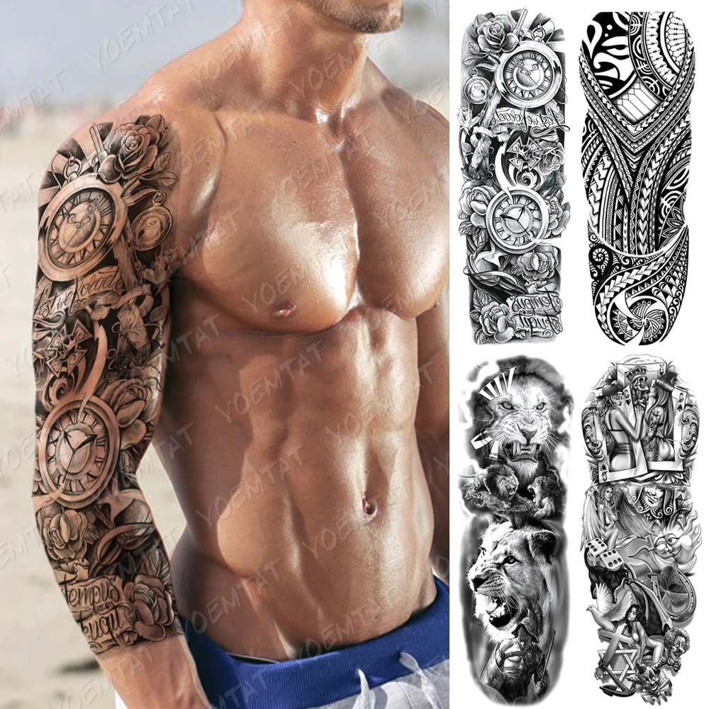 

Full Arm Durable Waterproof Temporary Tattoo Sticker Men's Clock Lion Tiger Animal Horror Character Soldier Flash Fake Tattoo