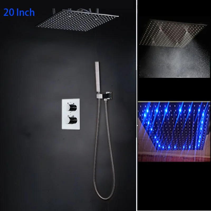 

Showers 20" Rainfall Showerhead Polished Panel And Embedded Box Concealed Thermostatic Controller Mixer 3Way Mist SPA Shower Set