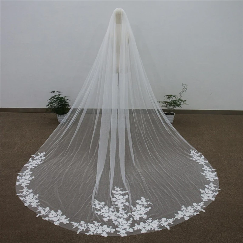 Real Photos One Layer Bridal Veils Cathedral Long With Comb 1T Ivory White Tulle Lace Appliqued Wedding Veils for Bride 3 Metres