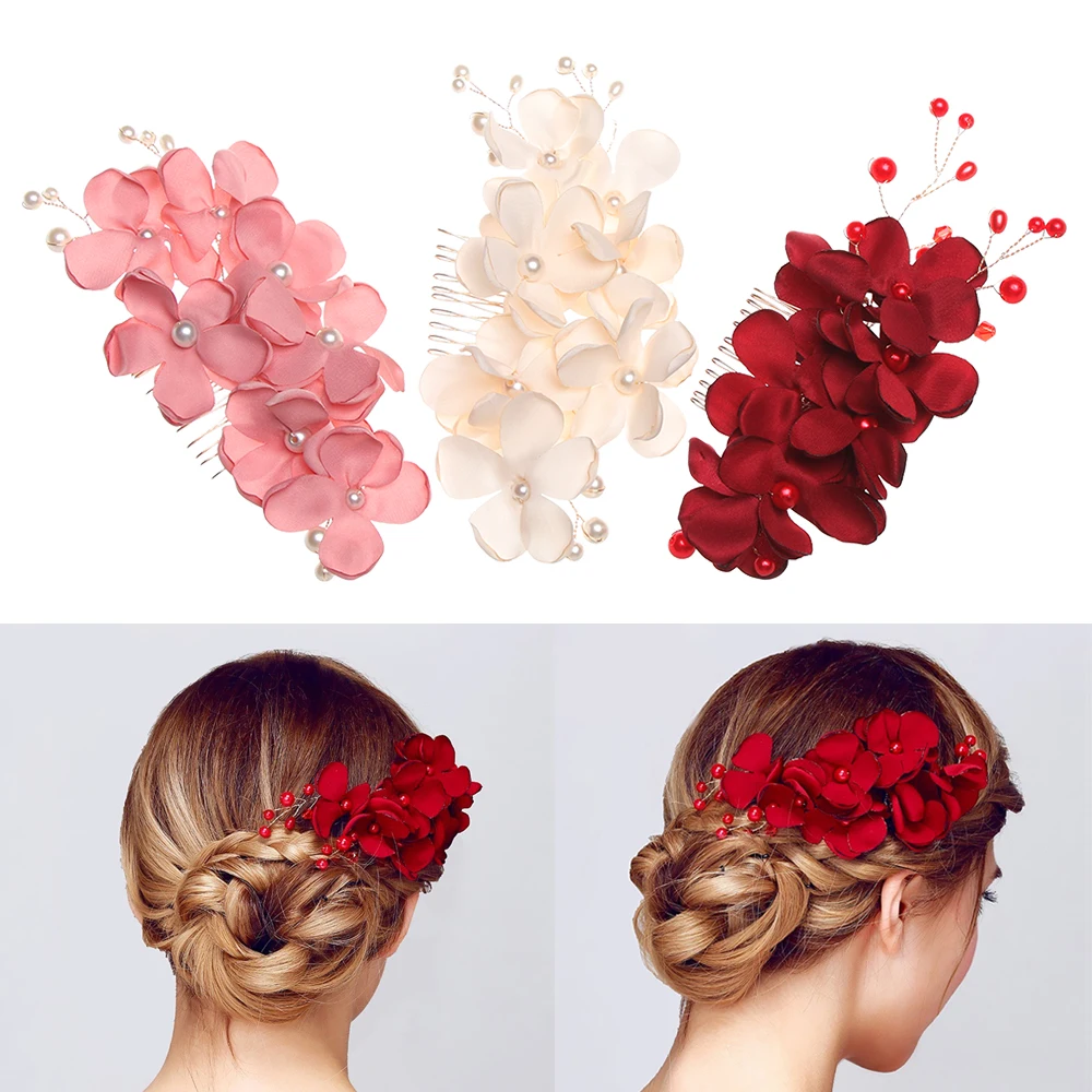 Pasador de pelo de flores rojas y rosas para dama de honor, Clip de cristal para el cabello, peine de horquilla, accesorios elegantes para el cabello, boda romántica, moda nupcial