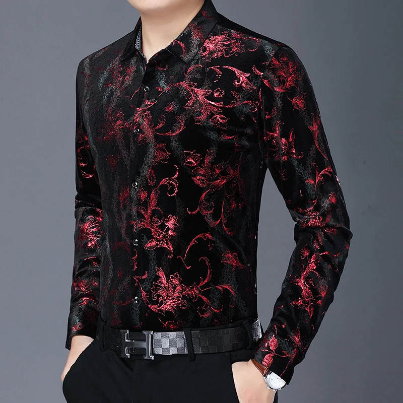 Mens Floral Dresses Autumn Long Sleeve Velour Clothing Male Flowers Gold Velvet Shirts