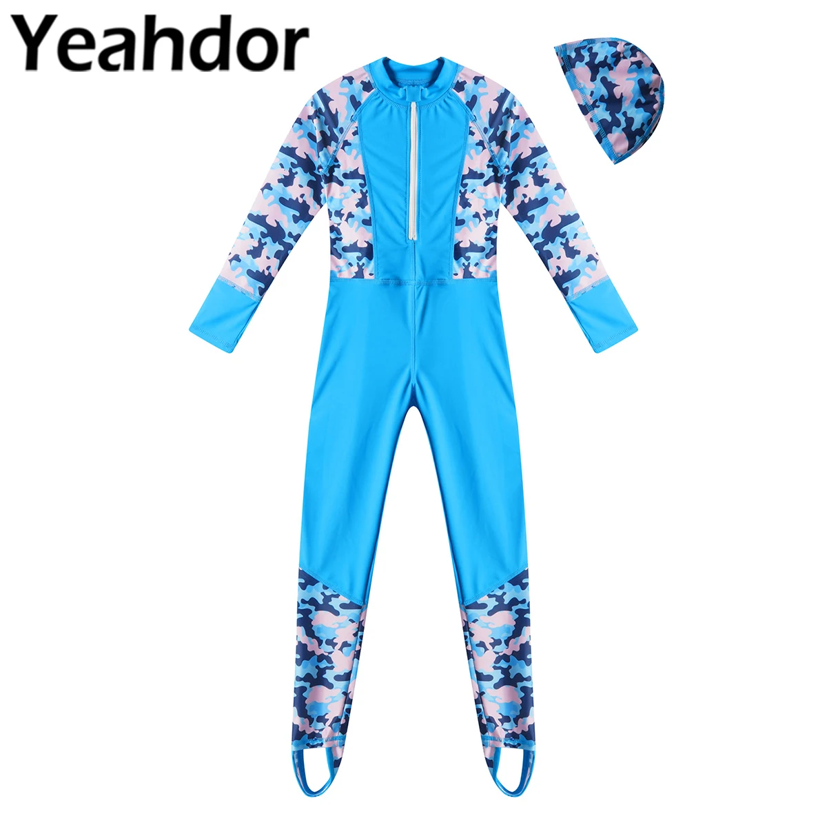 1pcs Kids Girls Summer Swimsuit Swimwear Long Sleeve Zipper Front Holder Fastened Foot Swim Jumpsuit with Hat Print Outfit