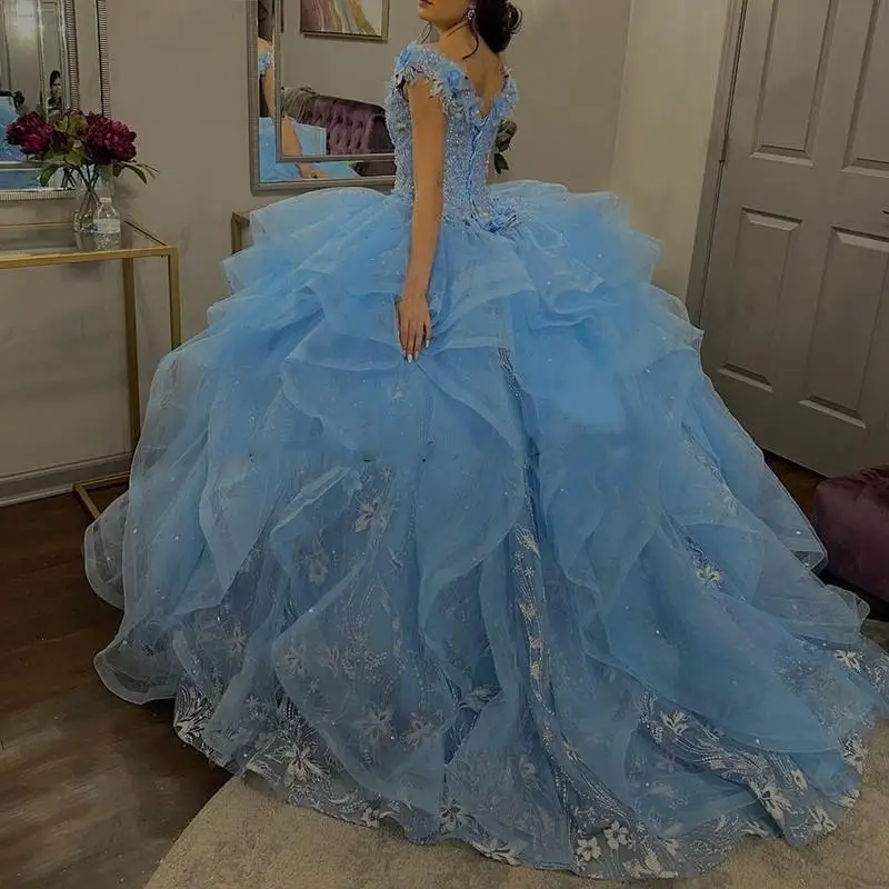 Công Chúa Ánh Sáng Xanh Da Trời Phồng Quinceanera VÁY BẦU REN Cổ V Voan Xòe Áo Xù Tự Làm Tiệc Trang Trọng mặc