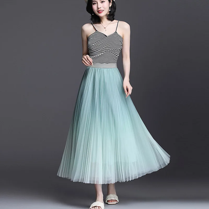 

2020Summer Autumn Korean Gradient Elastic High Waist Elegant A-line Pleated Tulle Solid Casual Skirt Long Mesh Tutu School Skirt