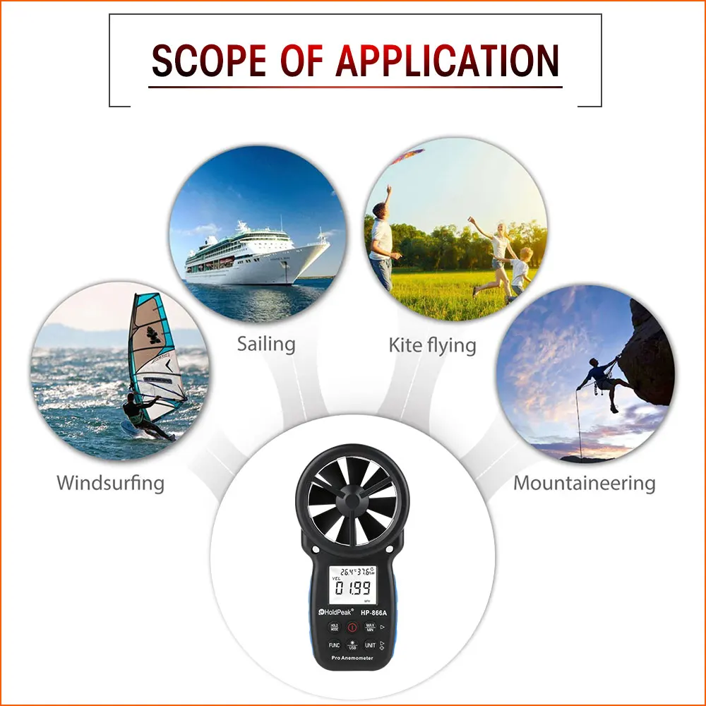 HoldPeak LCD Digital Anemometer Thermometer Wind Speed  Measurement Air Velocity Wind Sensor Handheld Anemometer