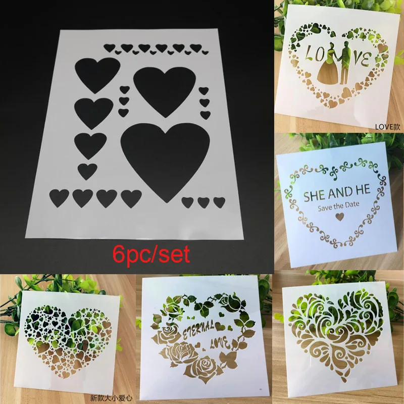 6pc/set Heart Stencil Painting Templates Accessories Diy Scrapbooking Embossing Coloring Diary Reusable Office School Supplies