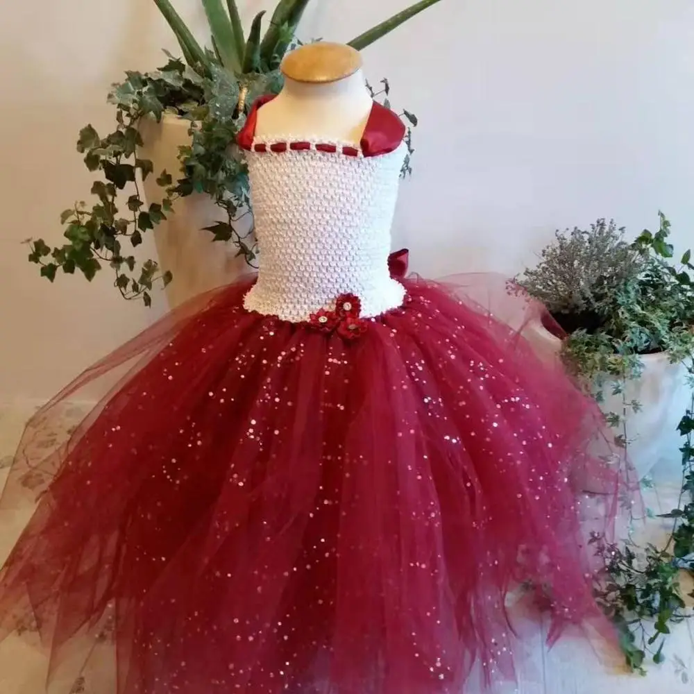 Girls Burgundy Vintage Glitter Tutu Dress Kids Crochet Sparkled Tulle Dress Ball Gown with Flowers Children Party Costume Dress