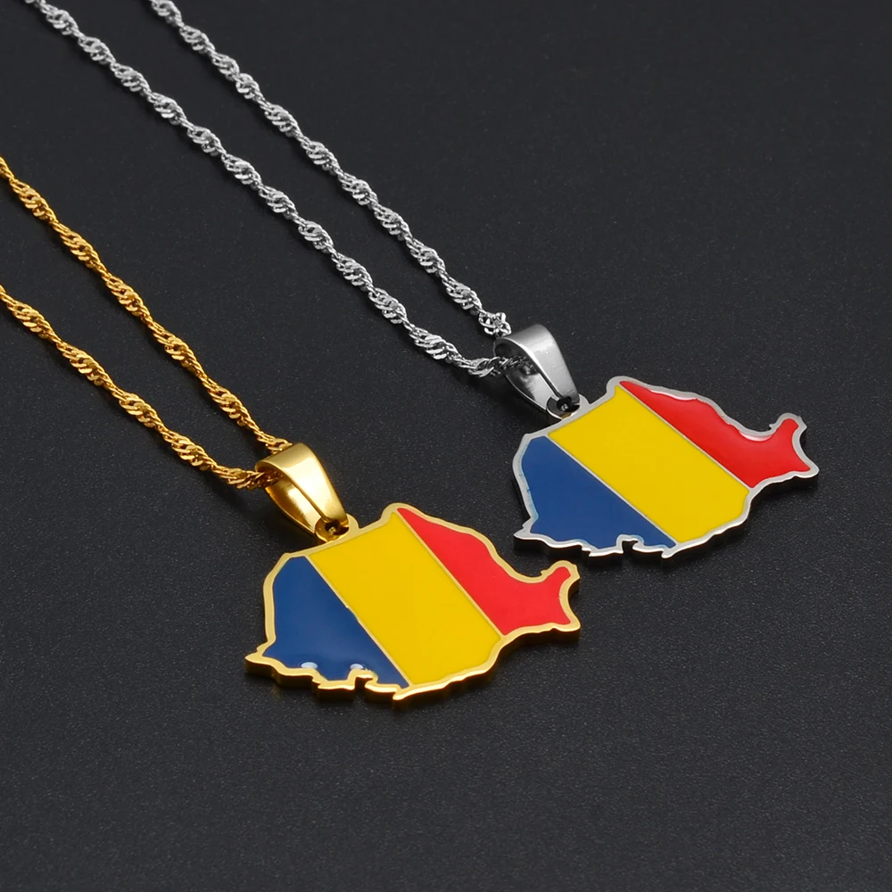 Anniyo Romania Map Flag Pendant Necklaces Silver Color/Gold Color Romanian Jewelry Ethnic @258621