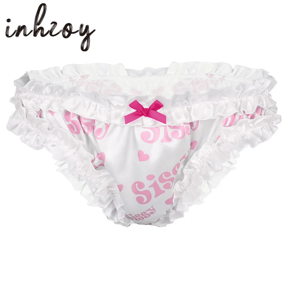 Men Sissy Panties Lingerie Smooth Satin Frilly Ruffled High Cut Hot Sexy Bikini Briefs Crossdressing Male Erotic Gay Underwear