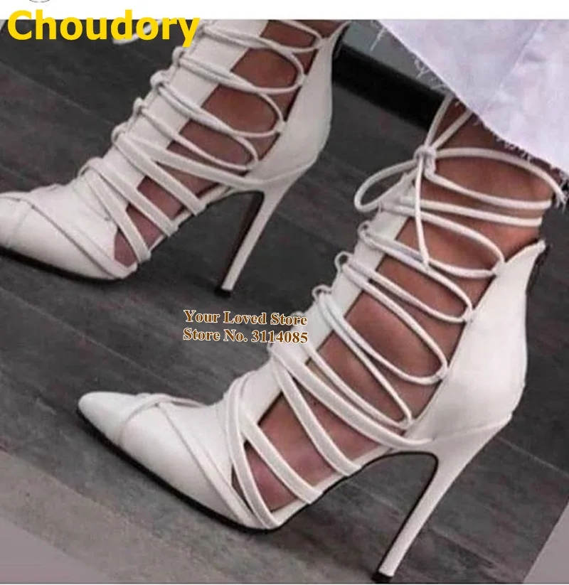 

Choudory White Red Stiletto Heels Braided Shoes Cross Strappy Laceup Hollow Out Caged Pumps Plaited Patchwork Banquet Shoes