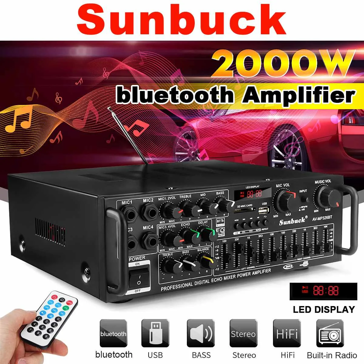 SUNBUCK-AMPLIFICADOR DE POTENCIA ESTÉREO PARA Karaoke en casa, dispositivo inalámbrico de Audio Hifi, con bluetooth, 2000W, 4ohm, 2 canales, USB,