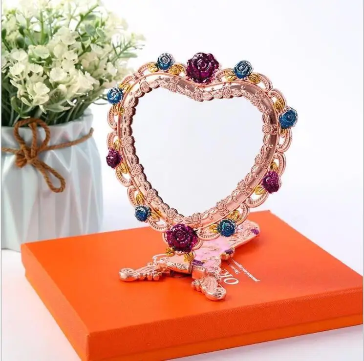 creative heart shape metal  frame one face hand mrror with gift box miroir decoratif gold mirror for girl's gift J046