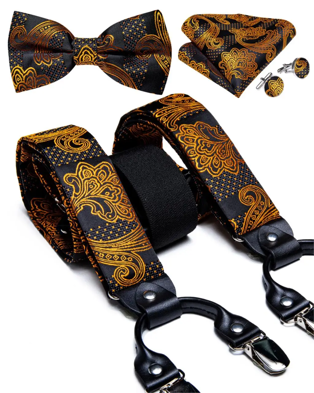 Luxury Gold Black Men's Suspenders Set Fashion Real Leather 6 Clips Suspenders Braces Wedding Silk Suspenders Bow Tie Set DiBanG