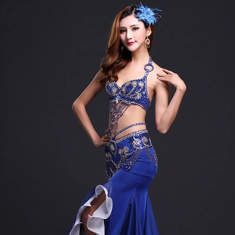 New High Quality Belly Dance Costume Sexy Bra Skirt Belt Stage Performance Suits Outfits Oriental Belly Dance Clothes Slit Skirt