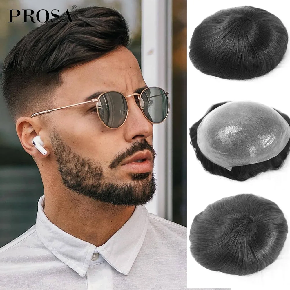 Soft Thin Skin Mens Human Hair Pieces V-looped knot Wig for Men 8x10 inches Men\'s Hair Replacement System 100% Density Hairpiece