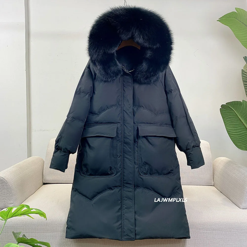 Winter Loose Windbreak Long Coat Women Real Natural Fur Hooded Jacket 90% White Duck Down Coat Thick Warm Snow Outwear