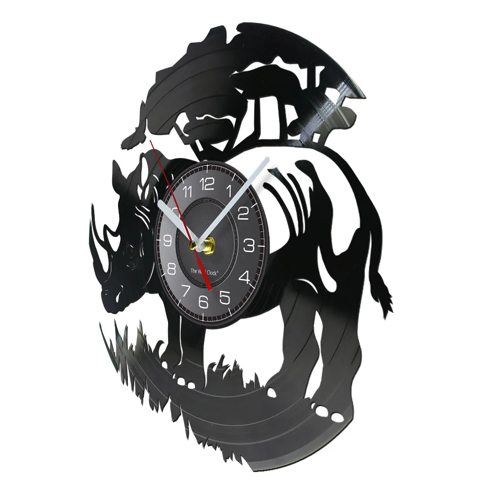 Safari Rhinocero Laser Cut Wall Clock Ramhorn Mammal African Animal Vinyl Disk Crafts Rhino Art Watch For Kid Living Room