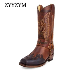 ZYYZYM-botas de couro retrô artesanais masculinas, sapatos de meia panturrilha, botas britânicas britânicas, outono e inverno