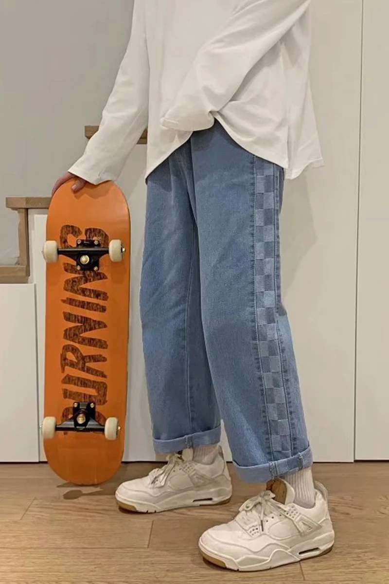 2021 spring new plaid jeans menmen's loose straight men's check trend mid Waist Wide Leg Capris jeans men