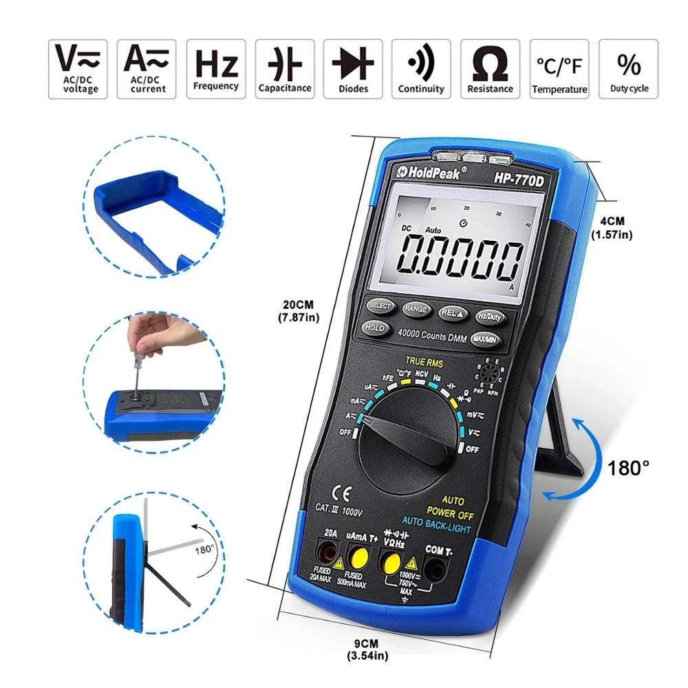 Digital Multimeter Tester HP-770D Auto Range Multimetro True RMS 40000 Counts Measure Ohm Volt Amp Esr Capacitor Tester