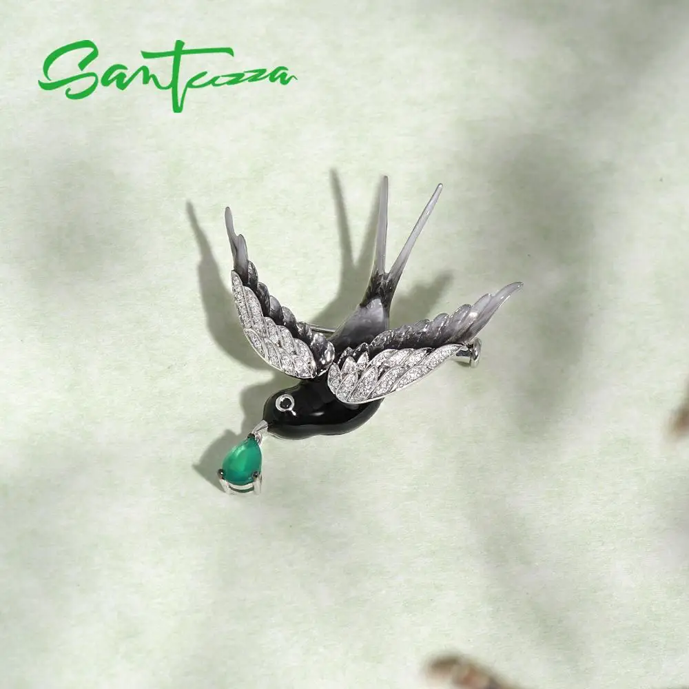 SANTUZZA Silver Brooch For Women Pure 925 Sterling Silver Swallow Bird Animal Green Agate Trendy Fine Jewelry Handmade Enamel - Image 4