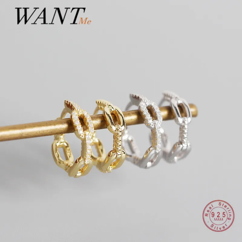 

WANTME Real 925 Sterling Silver Cuban Link Chain Luxury Crystal Zircon Stud Earrings for Women Punk Party Birthday Jewelry Gift