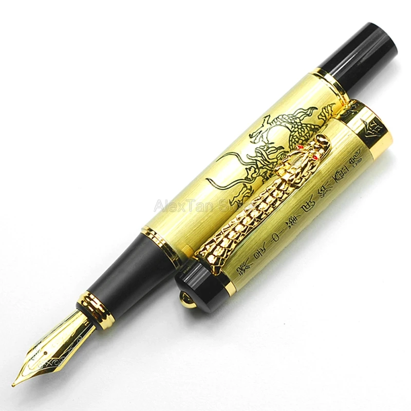 Jinhao Portable Vintage Fountain Pen Medium Nib, Descendants of The Dragon Brassy Writing Office Home School Gift Pen